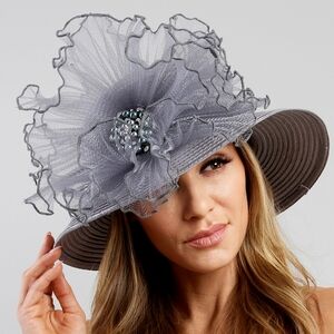 Beloved Millinery Grey Beautifully Crafted Braided Chiffon Ruffles Brooch Hat